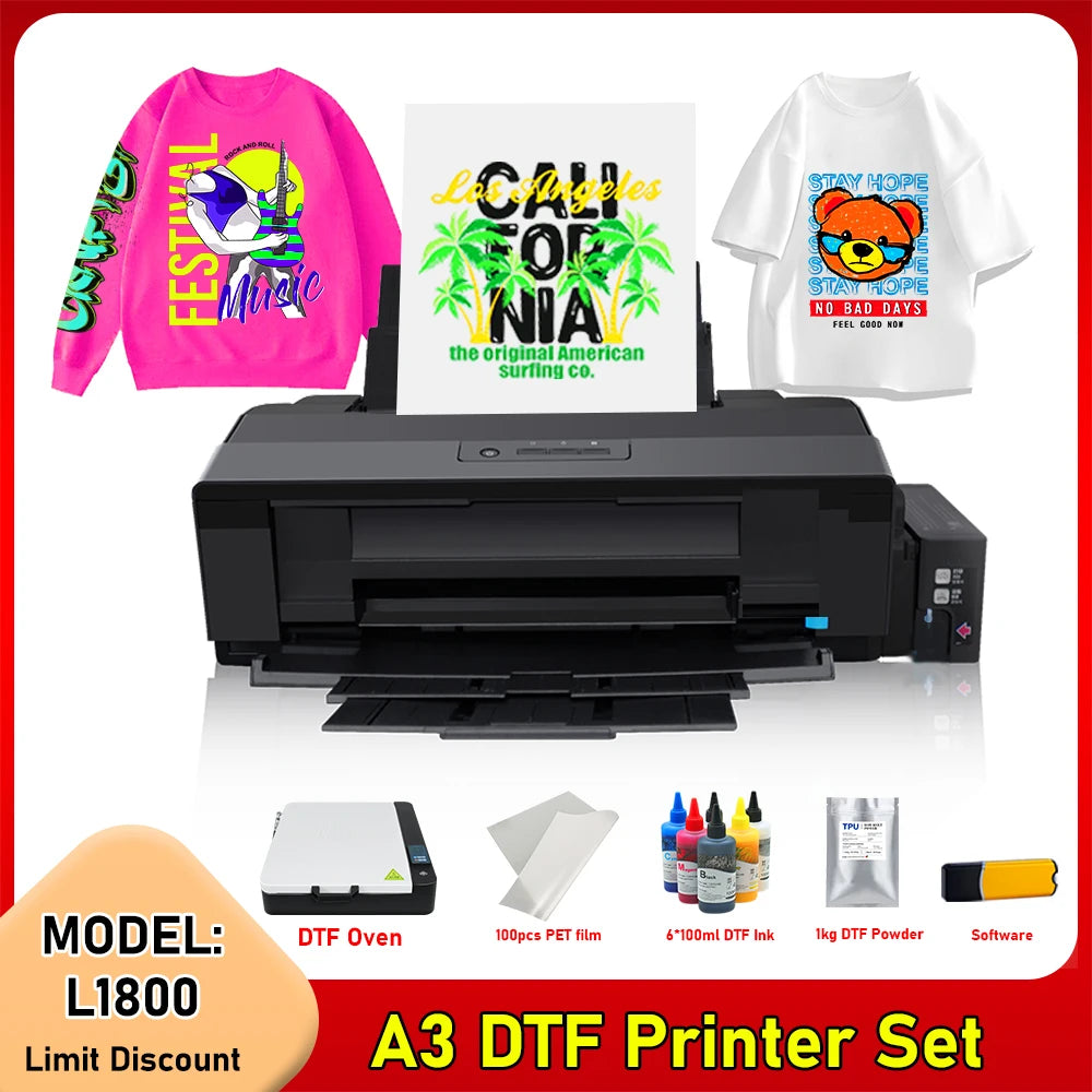A3 DTF Printer Bundle for Epson L1800 Directly Transfer Film DTF Printer with Oven Dryer A3 DTF Machine For T-shirt All Fabric