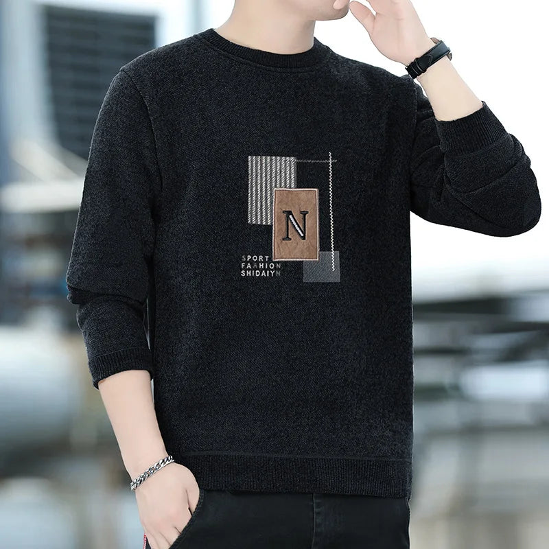 Sweater Men Knitted Round Neck Pullovers Fleece Thick Warm Winter Knitwear Y2K Fashion Jumpers Men's Clothes