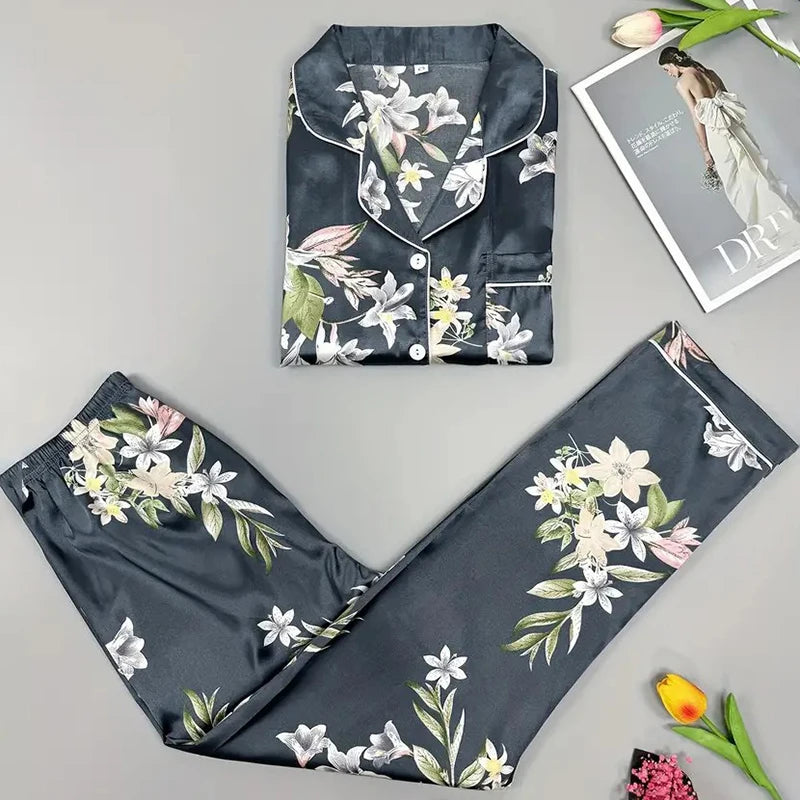 Women's Pajama 2 Piece Set Flower Print Sleepwear Satin Pijama Homewear Long Sleeve Turn-down Collar Tops Pants Nightwear Pyjama