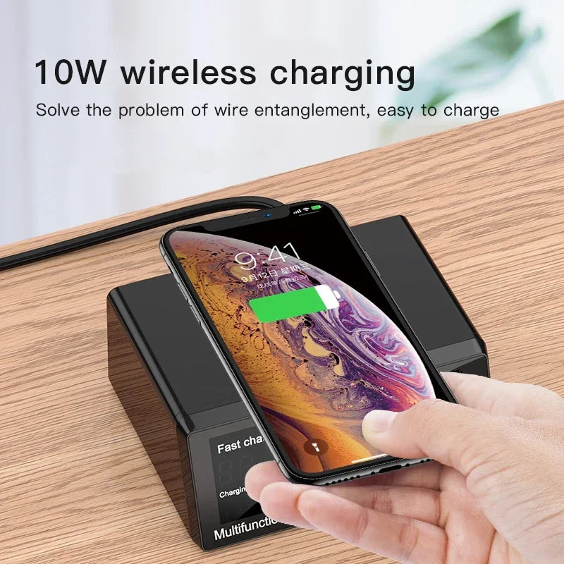 100W 8 Ports USB Charger Station Wireless Charging Digital Display Screen QC3.0 PD3.0 Quick Charge For iPhone16-12 Xiaomi Tablet