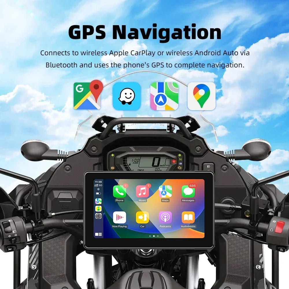 Srnubi 7 inch Portable Motorcycle DVR LCD Display GPS IPX7 Waterproof For Wireless Apple CarPlay Android Auto Airplay Monitor