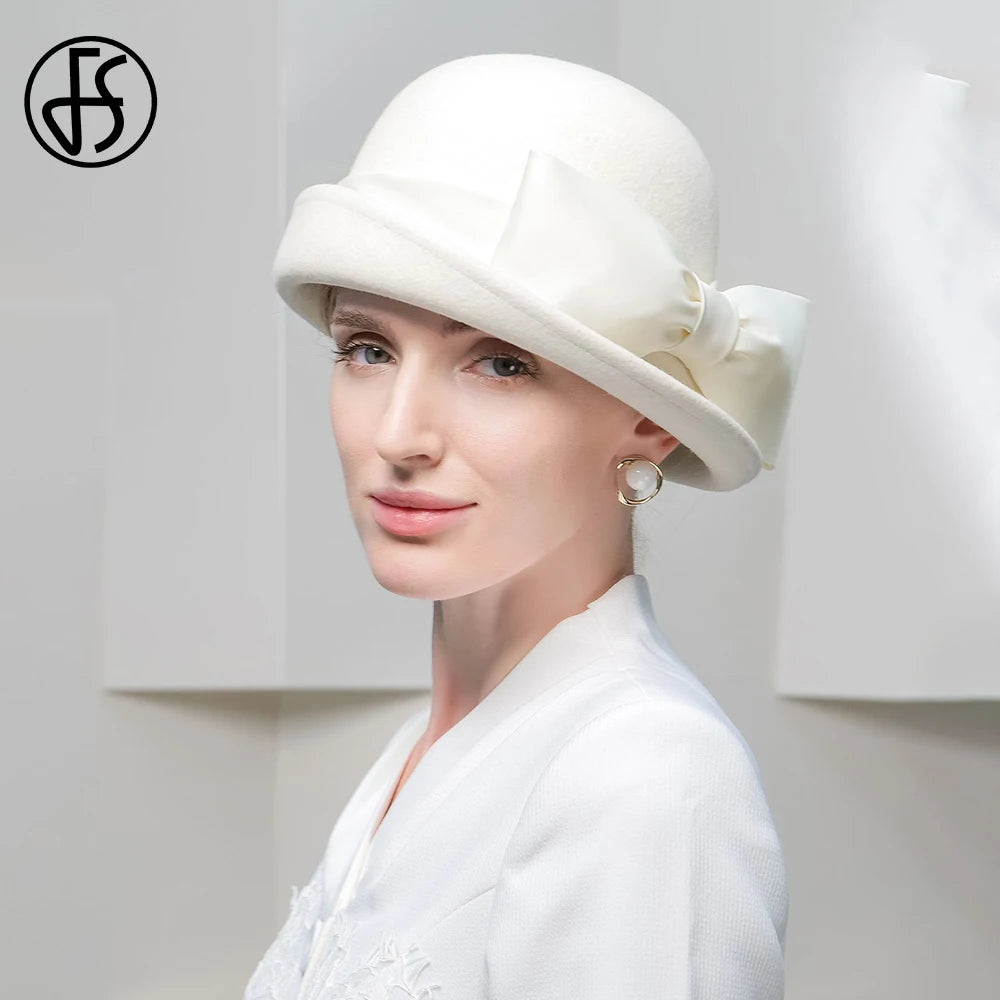 Wool Felt Fedoras Hats for Women Ladies White Black Elegant Curl Brim Top Hat for Wedding Bride Formal Church Cocktail Tea Party