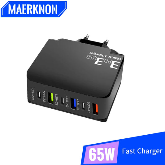 6 Ports USB C Charger USB QC3.0 Adapter PD Fast Charging For iPhone 15 Xiaomi Samsung Phone Quick Charge EU/US Plug Wall Charger