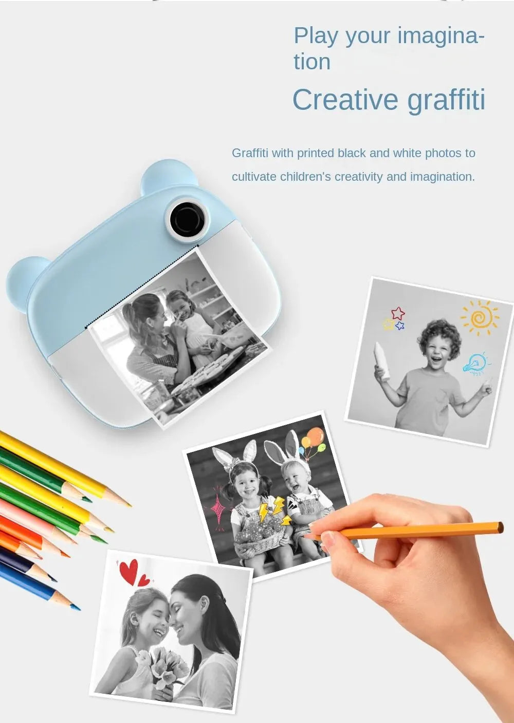 Children's Camera LCD Screen 2.4 Inches Supports 32G Memory Battery Life 1000 MAh Instant Printing Camera Supports Video Games