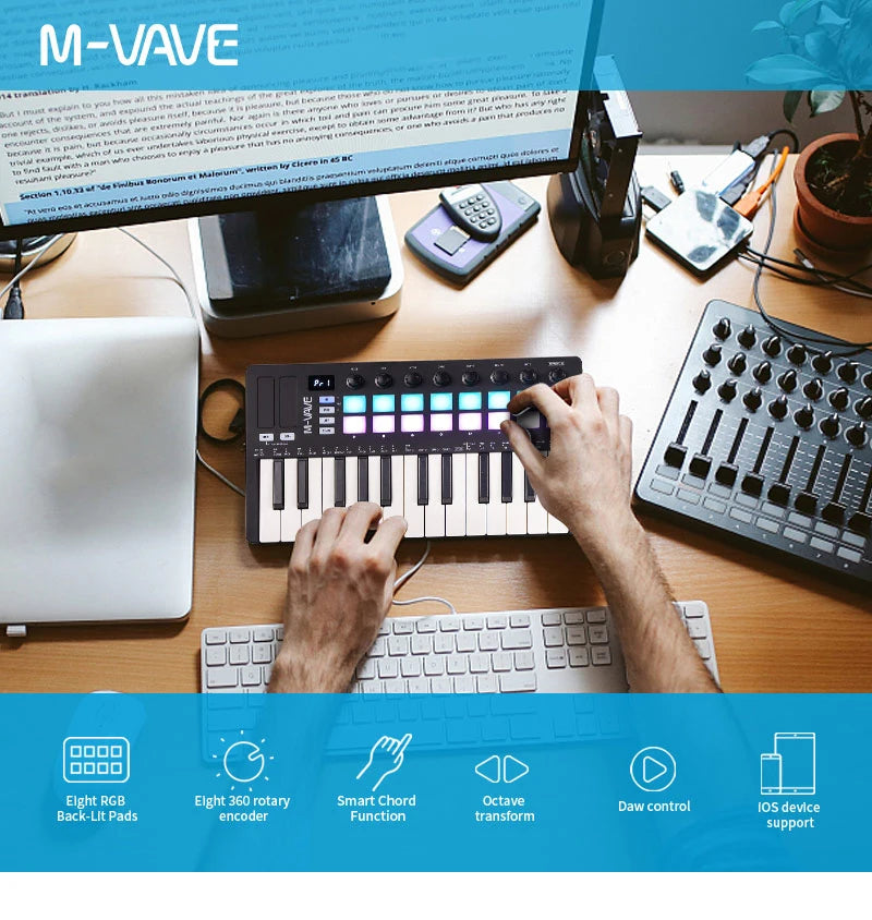 M-VAVE SMK-Ⅱ 25 Key MIDI Keyboard Controller With 16 RGB Drum Pads, Bluetooth Semi Weighted Professional dynamic keybed