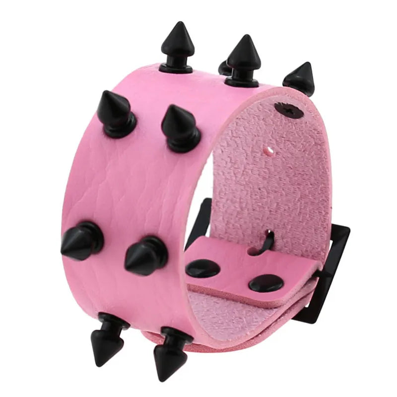 Pink Color Female Wide Leather Bracelets Punk Braided Bracelet for Men Women Wristband Charm Bracelets Male Gothic Jewelry