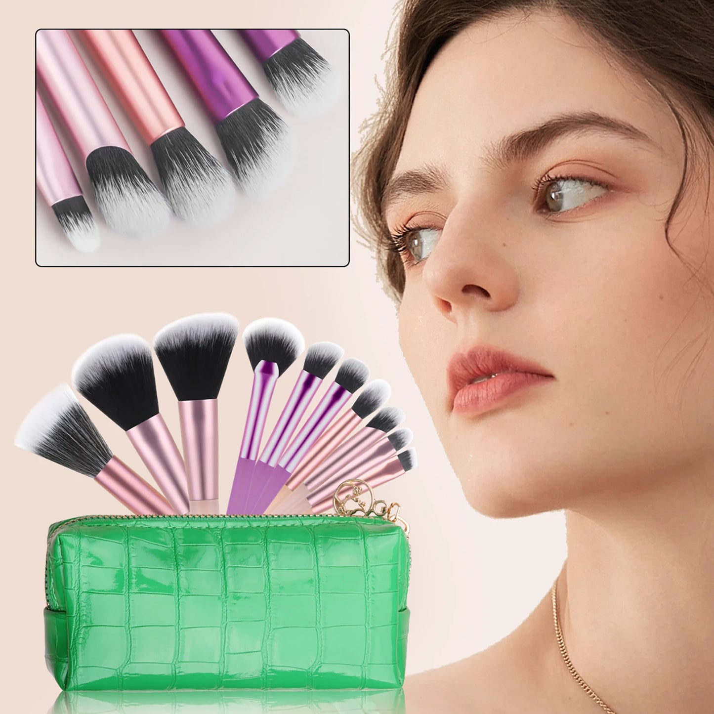 10 mini transparent handle brushes+crocodile patterned bag makeup brush Travel portable Makeup Tool Professional with bag