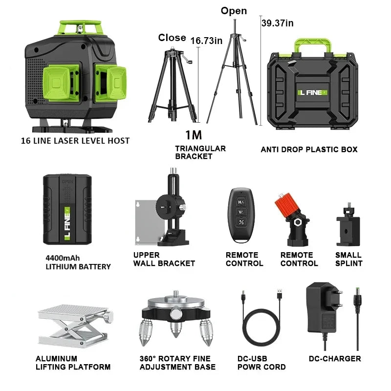 Lfine 4D 16 Lines 360°Self-leveling Laser Levels with Tripod and Suitcase Horizontal And Vertical Professional Laser Level Tool