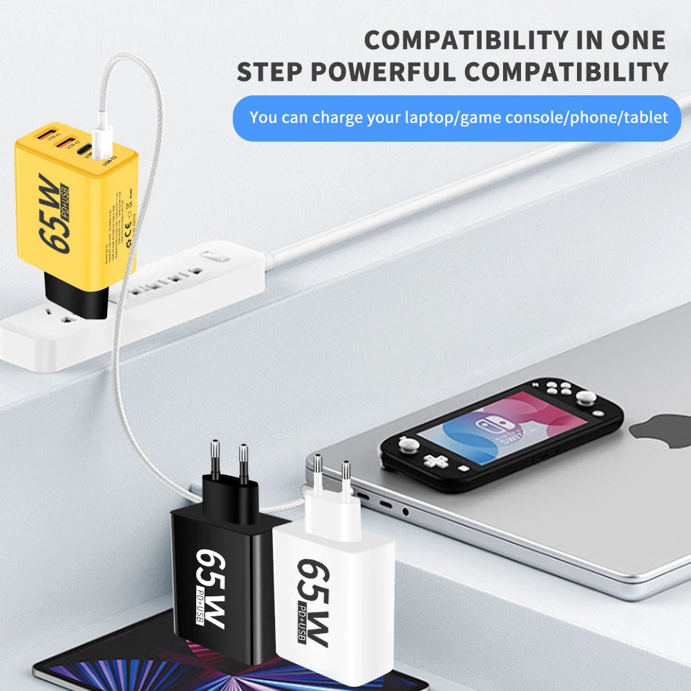 Total 65W GaN USB PD Charger Fast Charging Type C Mobile Phone Adapter Quick Charger 3.0 For iPhone 15 14 Samsung Xiaomi Huawei