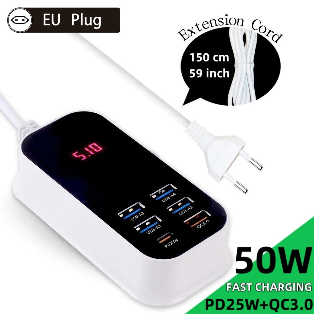 Real 50W 6-Ports USB Quick Charger PD QC 3.0 Fast Charging Display Type-C EU UK US 1.5M Desktop Power Adapter For Iphone Samsung