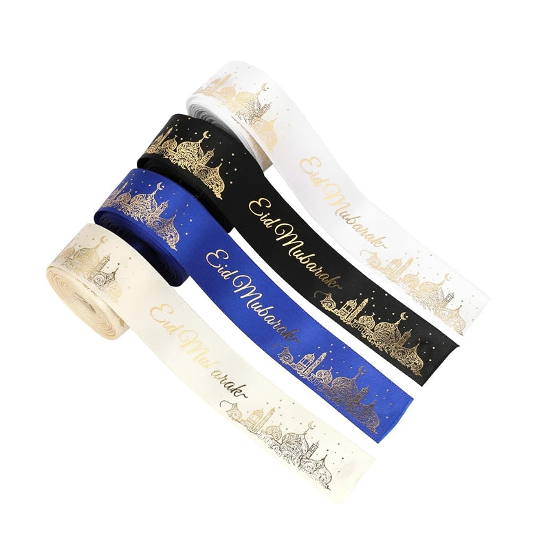 2.5cm 5Yards Eid Mubarak Ribbon Gift Box Wrapping Decoration DIY Bow 2025 Islamic Muslim Festival Party Supplies Ramadan Kareem