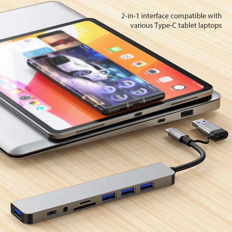 8 In 2 USB HUB With Splitter Card Reader, USB C Port, USB 3.0, SD/TF Splitter Card Reader, Docking Station