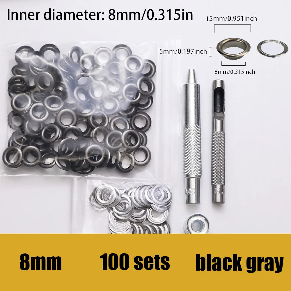 100 sets of stainless steel  eyelets with a tool ,for canvas holes, clothes, handbag, 5mm/6mm inner diameters