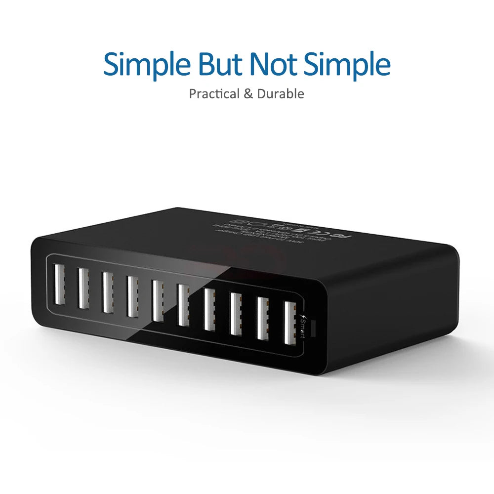 60/65W USB Charger Station 10 Port Desktop USB Fast Charger for Smart USB Charger for Multiple Devices Smart Phone Tablet Laptop