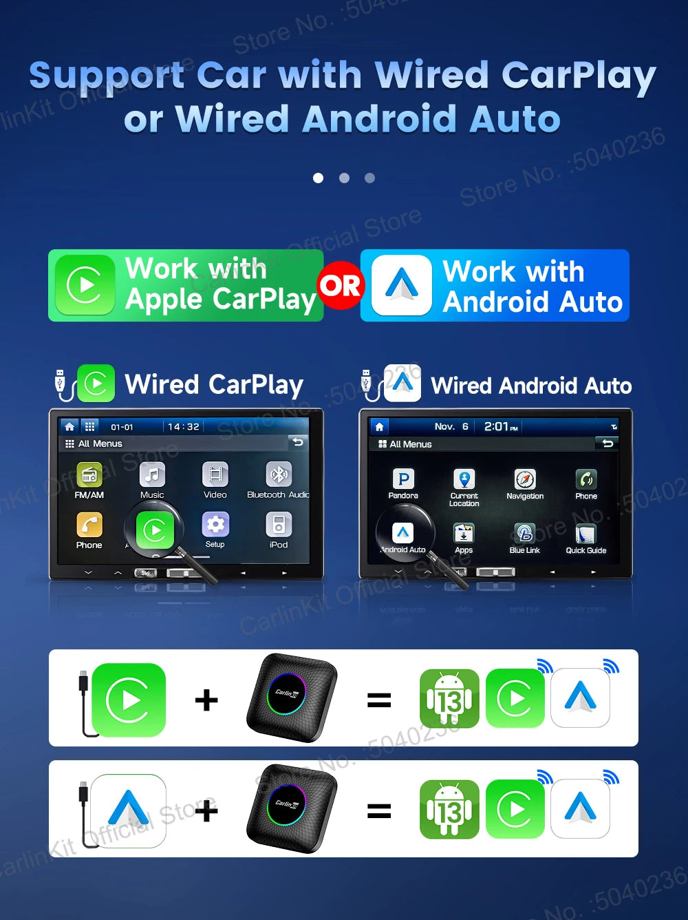 CarlinKit Android 13 SDM660 6225 CarPlay Ai Box LED 8-Cores Wireless Android Auto& CarPlay Car USB Adapter 64G 128G FOTA Upgrade