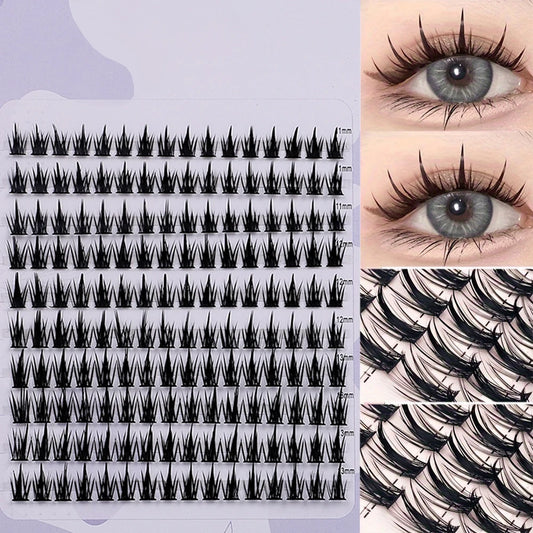 160 Pcs Wheat-Ear Shape Fake Eyelashes Fine Stem, DIY Eyelash Extension, Thick Segmented Clusters, Comic Eyelashes