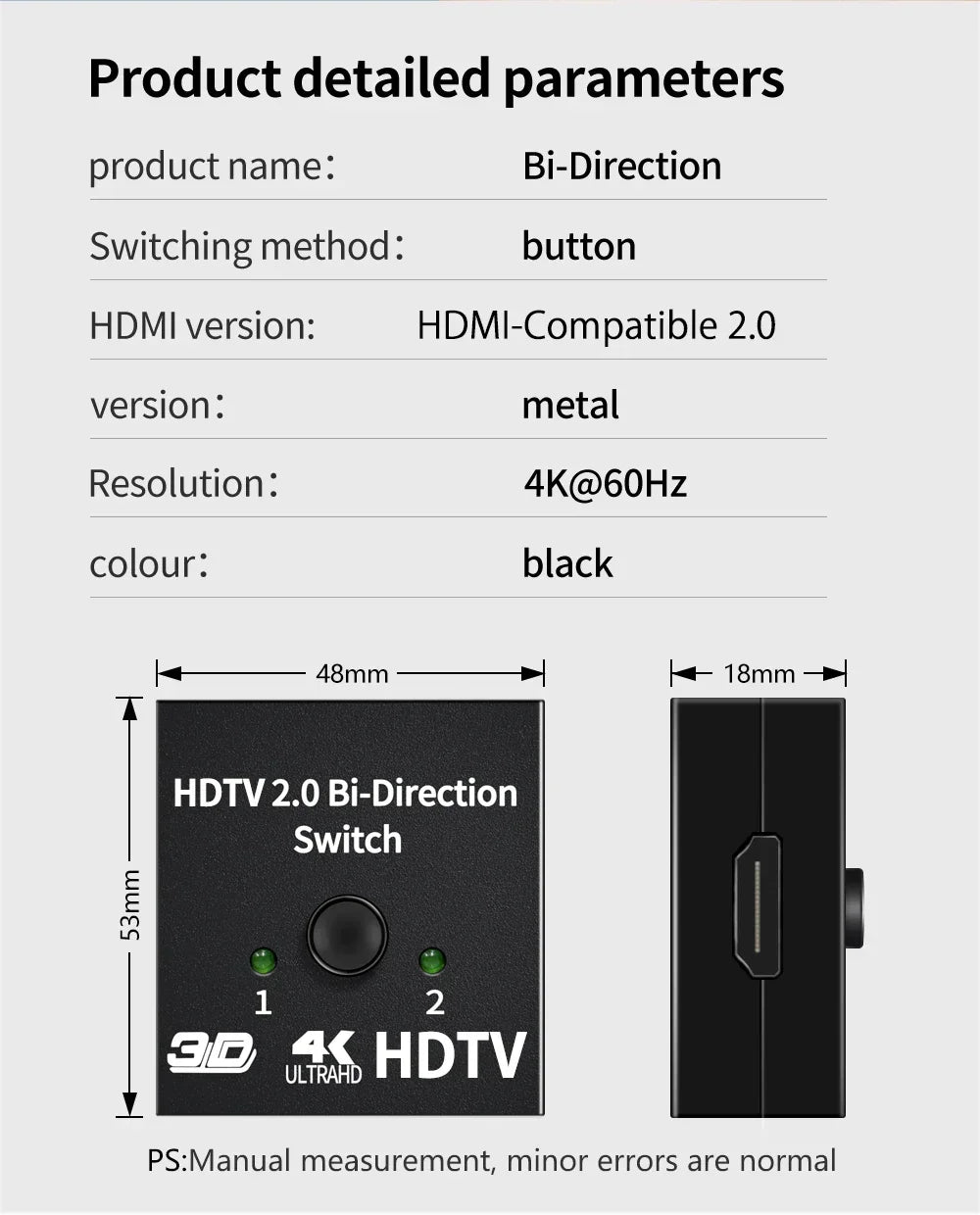 4K Switch KVM Bi-Direction 1x2/2x1 HDMI-compatible Switch 2 In1 Out for TV Box PS4/3 Switcher Adapter HDMI-Compatible Splitter