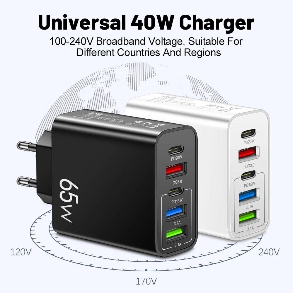 3.1A Fast USB Charger Quick Charge3.0 PD 20W USB Type C Charger 5 Port Phone Charger Adapter For iPhone 14 Samsung Xiaomi Huawei