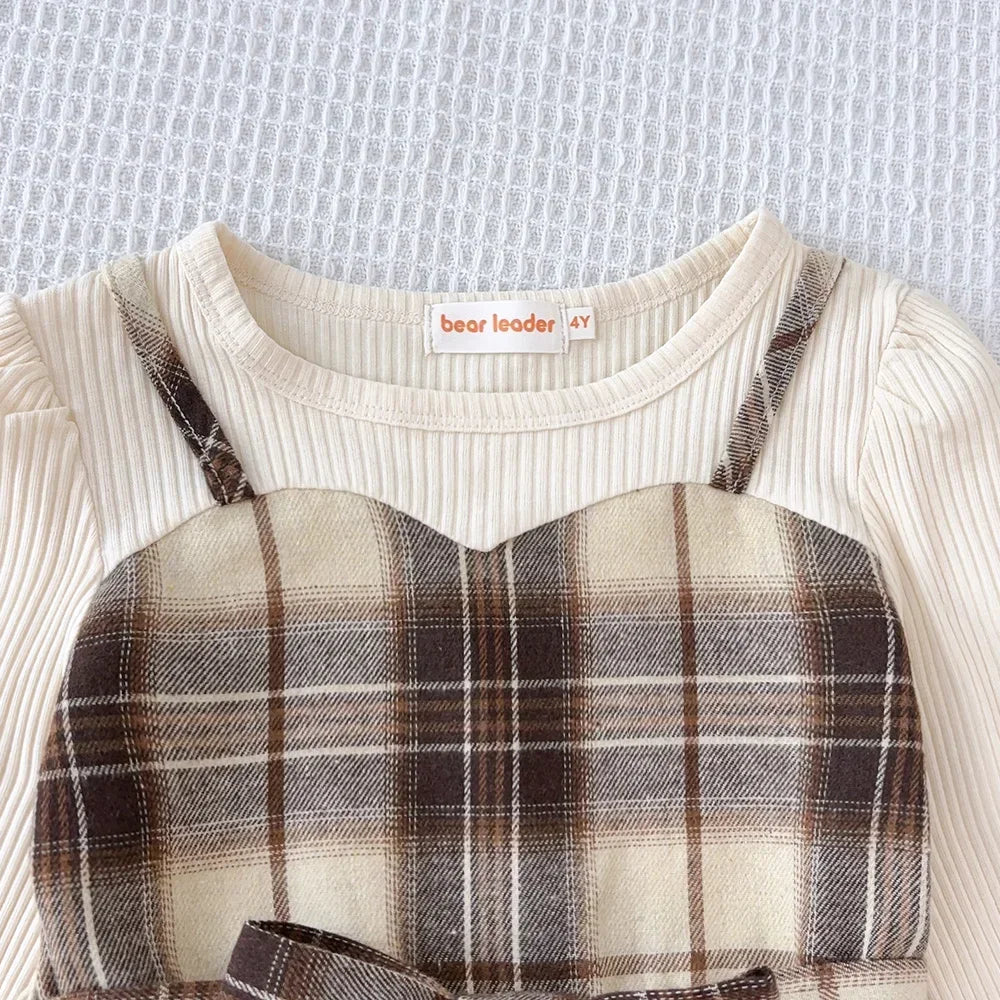 Korean Version Long Sleeved Shirt Fake Two-piece with Belt+Print Hat Outfits 3-7 Years Old Autumn New Plaid Girls Casual Dresses