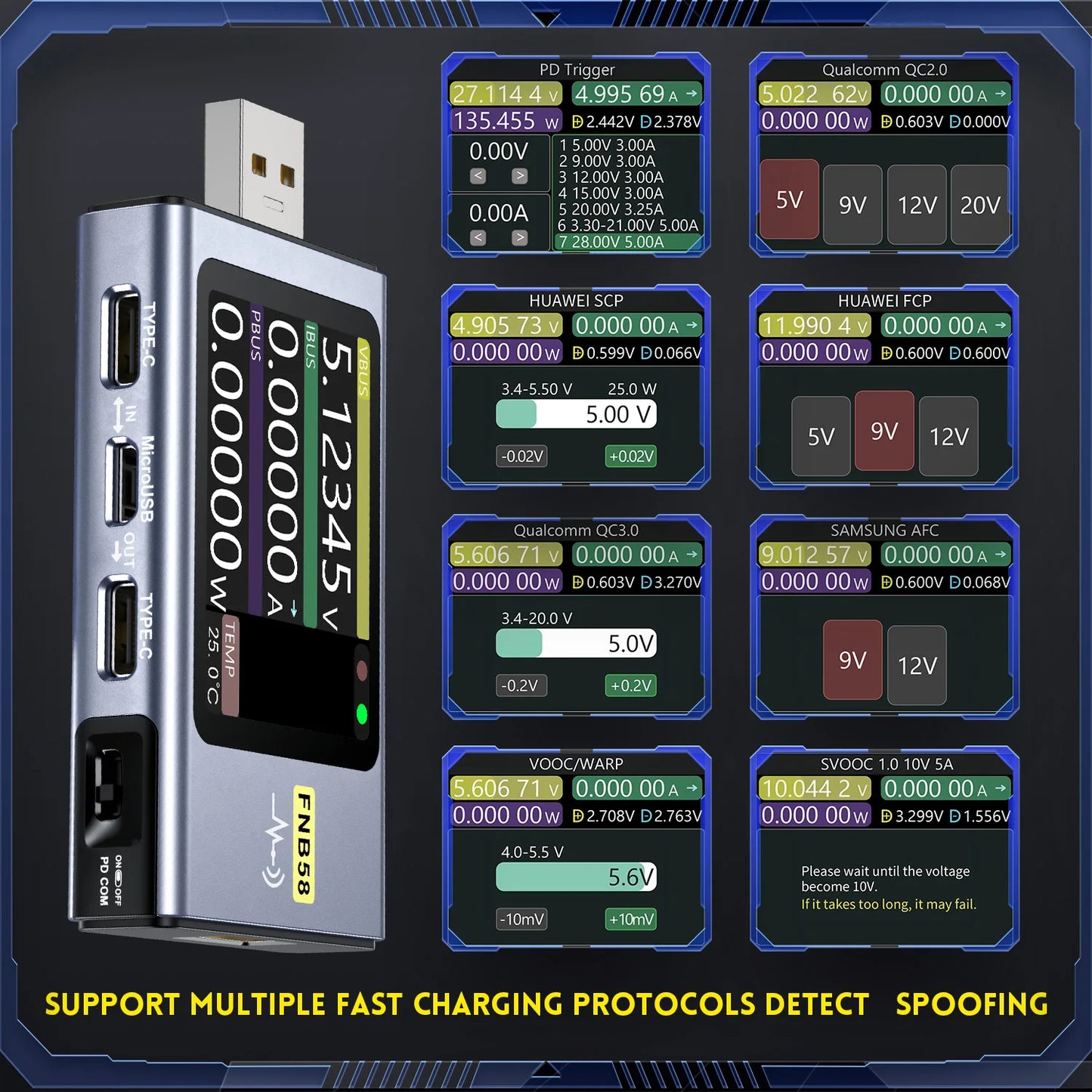 FNIRSI-FNB58 Digital Voltmeter Ammeter USB Tester TYPE-C Fast Charge Detection Trigger Capacity Measurement Ripple Measurement
