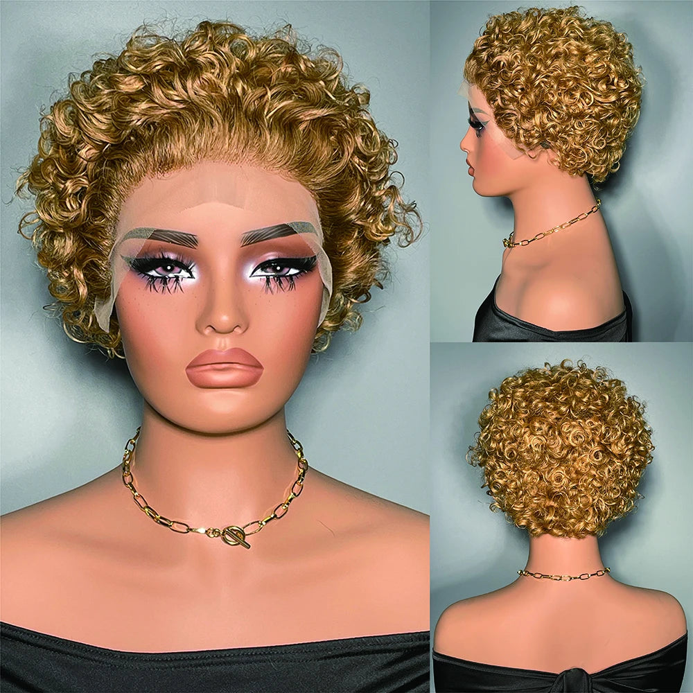 99J Wigs Human Hair Cheap Pixie Cut Wig 13X1 Transparent Lace Wig For Women Short Curly Human Hair Wig 180 Density