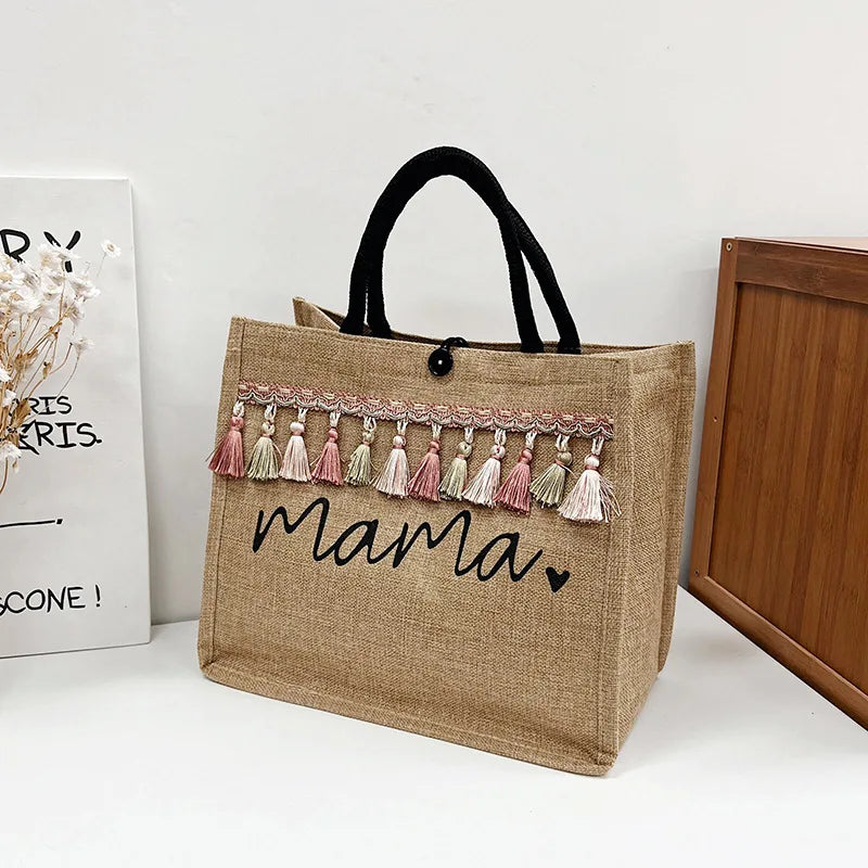 Women Large Capacity Tote Bag Mama Letter Printing Casual Fashion Linen Handbag Shopping Shoulder Bag Mother’s Day Gifts for Mom