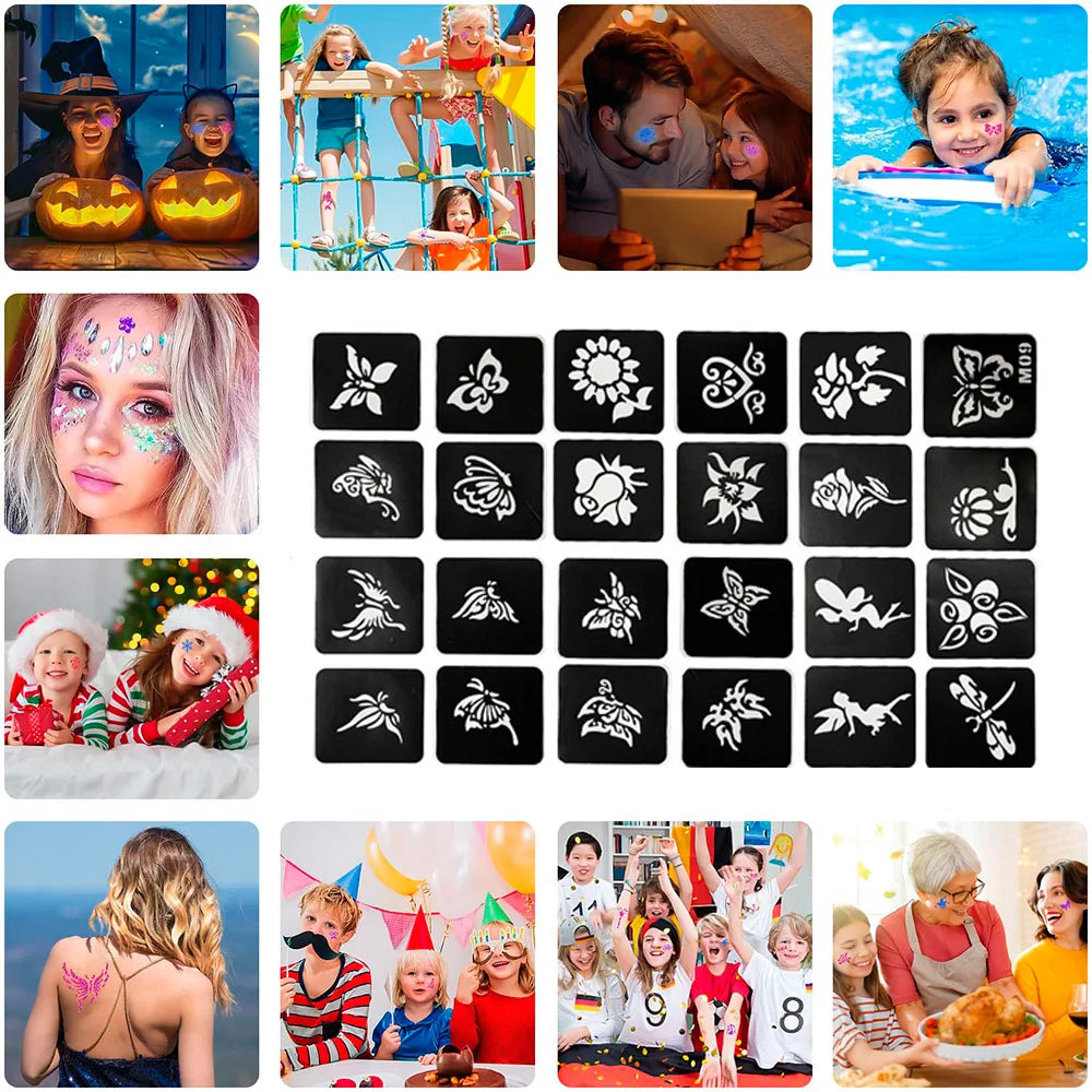 12 Color Temporary Glitter Tattoo Kit for Kid with 24 Stencils Adults Girls Boys Arts Glitter Make Up Kit Beautiful Holiday Gift