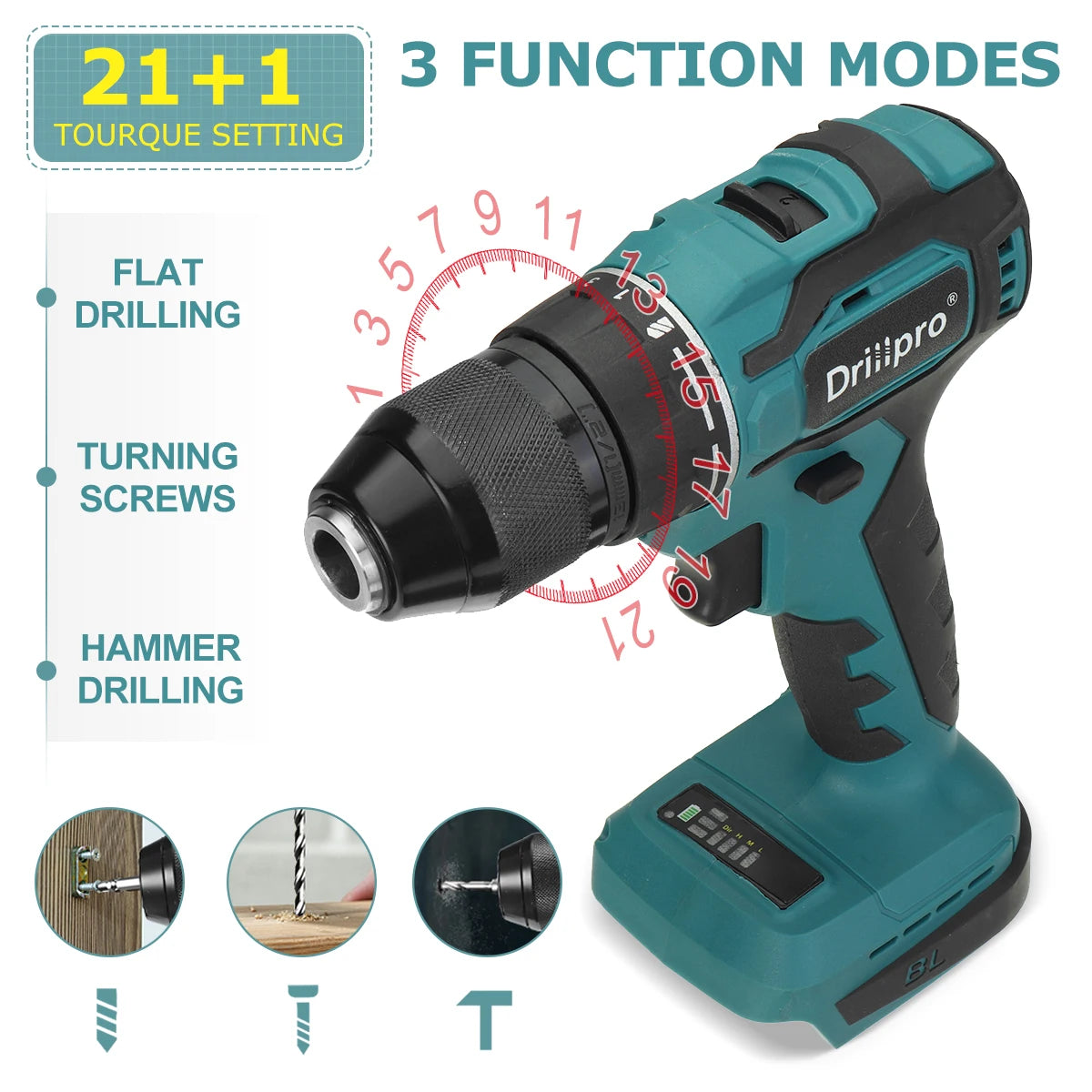 Drillpro 10/13mm Rechargeable Electric Screwdriver Cordless Drill Brushless Handheld Power Tool For Makita 18V Battery