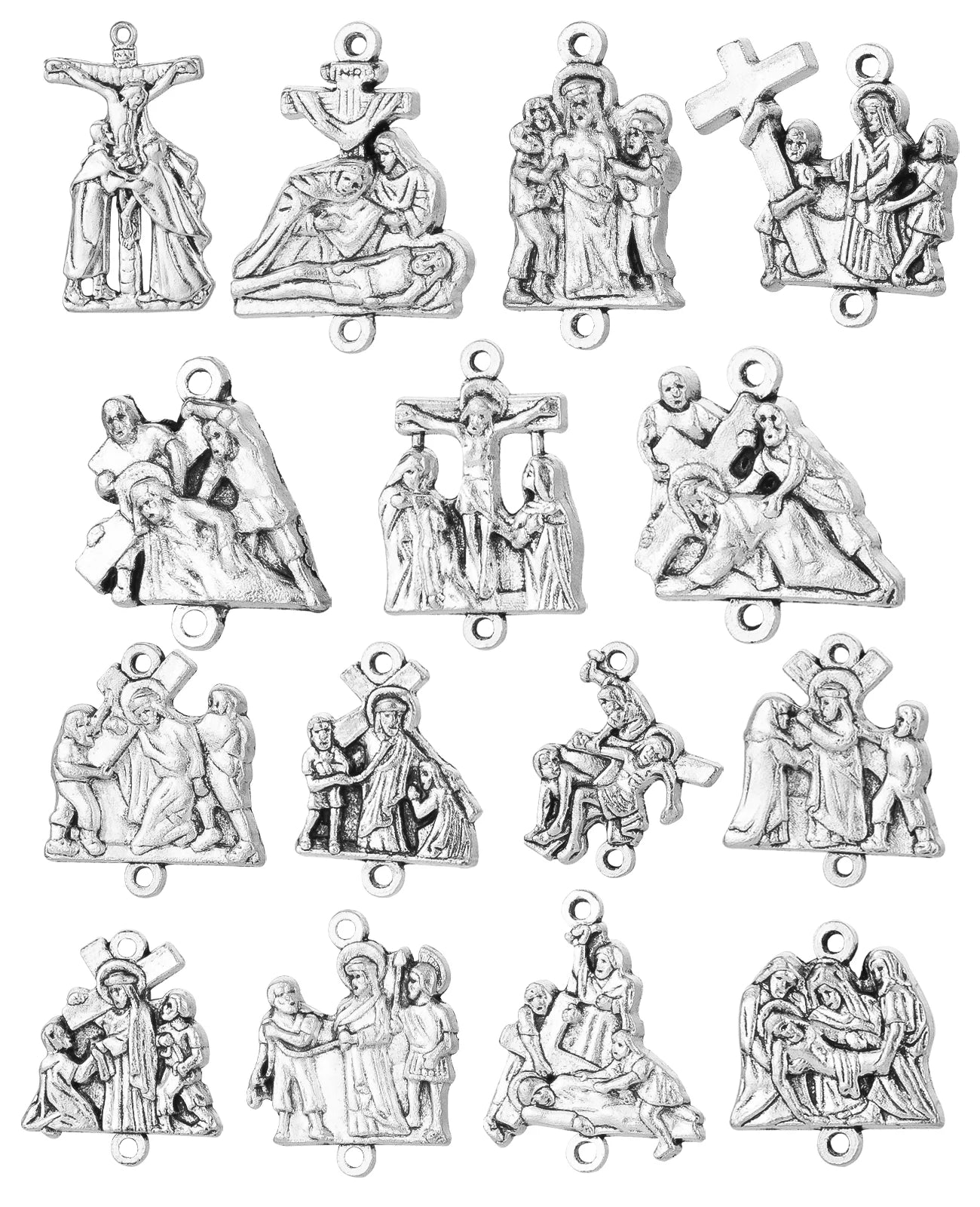 15Pcs Crucifix Jesus Cross Pendant Set Stations of the Cross Devotional Medals for Rosary Parts DIY Making Accessories