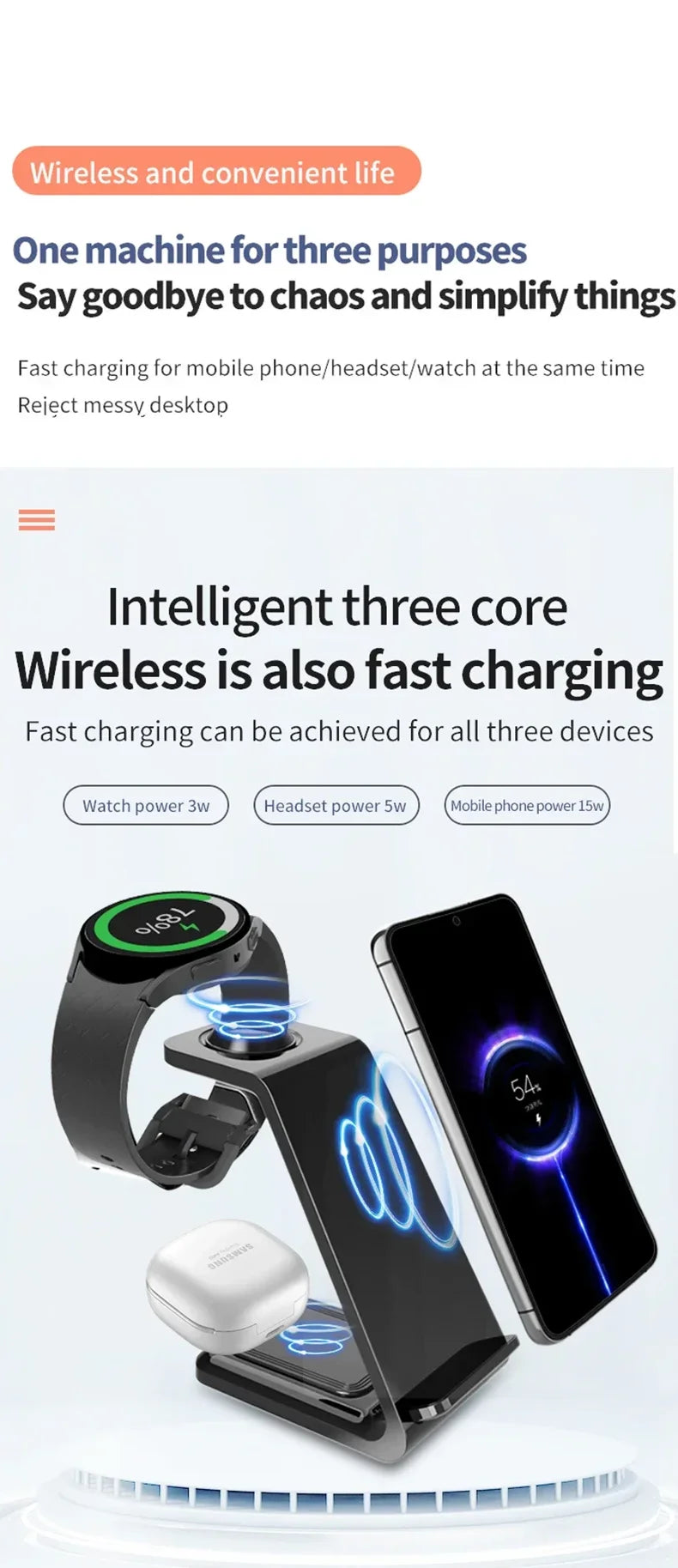 3 in 1 Wireless Charger Stand For Samsung Galaxy S23 S22 S21 Watch 6 Pro/5/4/3 Active 1 2 Buds 2 Pro Plus Fast Charging Station