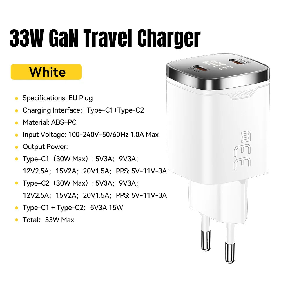 Essager 33W GaN USB C Charger Digital Display PD Fast Charging For iPhone 13 12 Max Pro iPad For Xiaomi Poco Samsung Charger Es