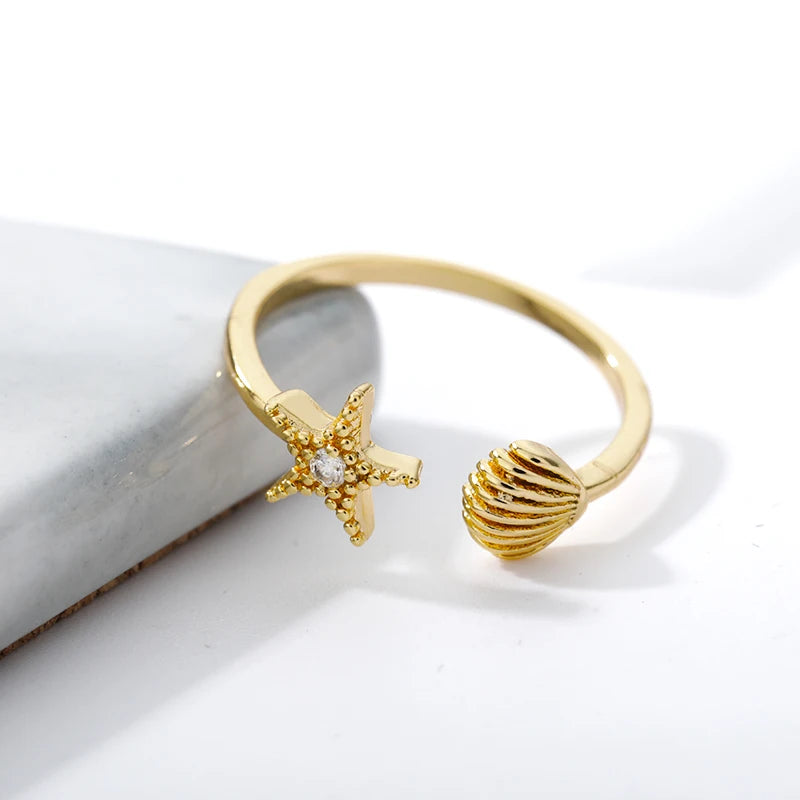Cute Shell Starfish Rings For Women Girls Stainless Steel Open Adjustable Couple Stars Finger Ring 2024 Birthday Jewelry Gifts