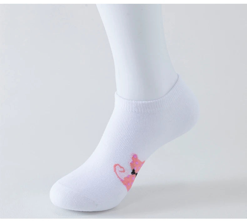 5 Pairs of WOMEN'S Short Socks, Pink Cat Thin, Cute All Season Boat Socks, Slow Top, Fashionable Boat Socks