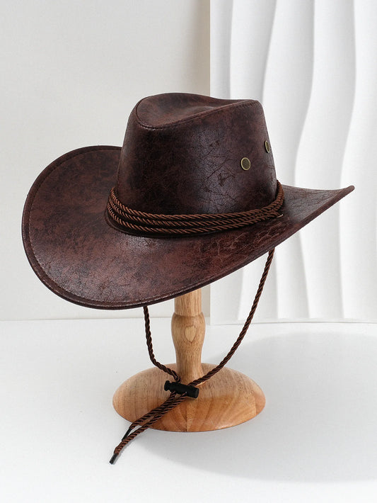 Vintage Faux Leather Big-edge Western Cowboy Hats Panama Gentleman Cowgirl Jazz Hat Holidays Party Cosplay Hat