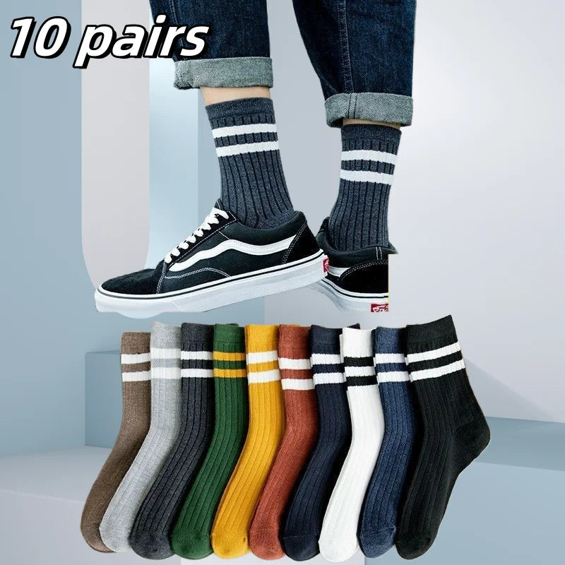4 Pairs Of Men's Vintage Striped Crew Socks, Thermal Breathable Comfy Socks For Men's Wearing, Autumn & Winter