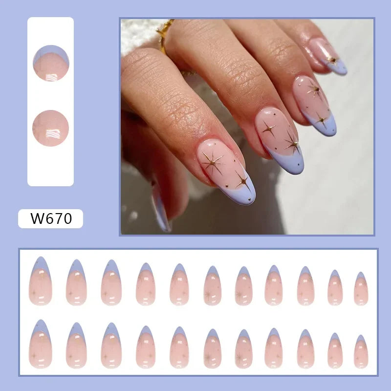 Gold Pink Wine Red 24 Pcs Fake Nail with Jelly sticker Press on False Nails Wearable Round Head Oval Full Cover Nail Tips