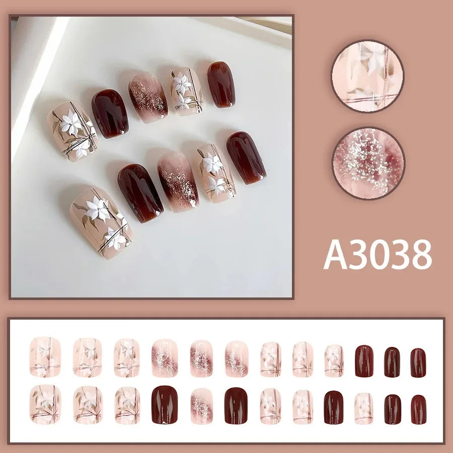 Watercolor Rose Fake Nail with Jelly sticker Press on False Nails Wearable Round Head Oval Full Cover Nail Tips