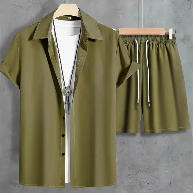 Fashion Summer Men's Short Sleeve Shorts Set Men's Solid Colour Button Down Shirt Drawstring Short Two Piece Hawaii Beach Suit