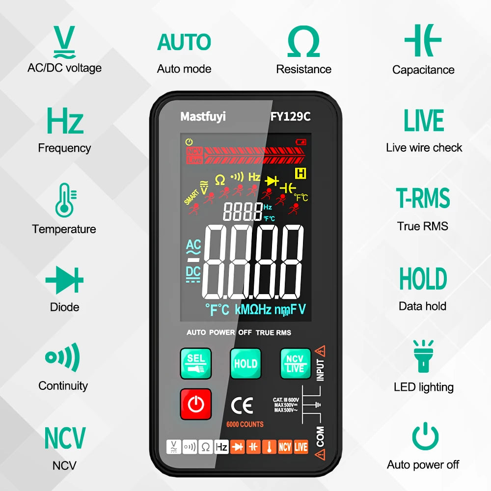 MASTFUYI Smart Digital Multimeter NCV Temperature Capacitance Tester 5999 Counts True RMS Auto Range DC/AC Voltage Meter