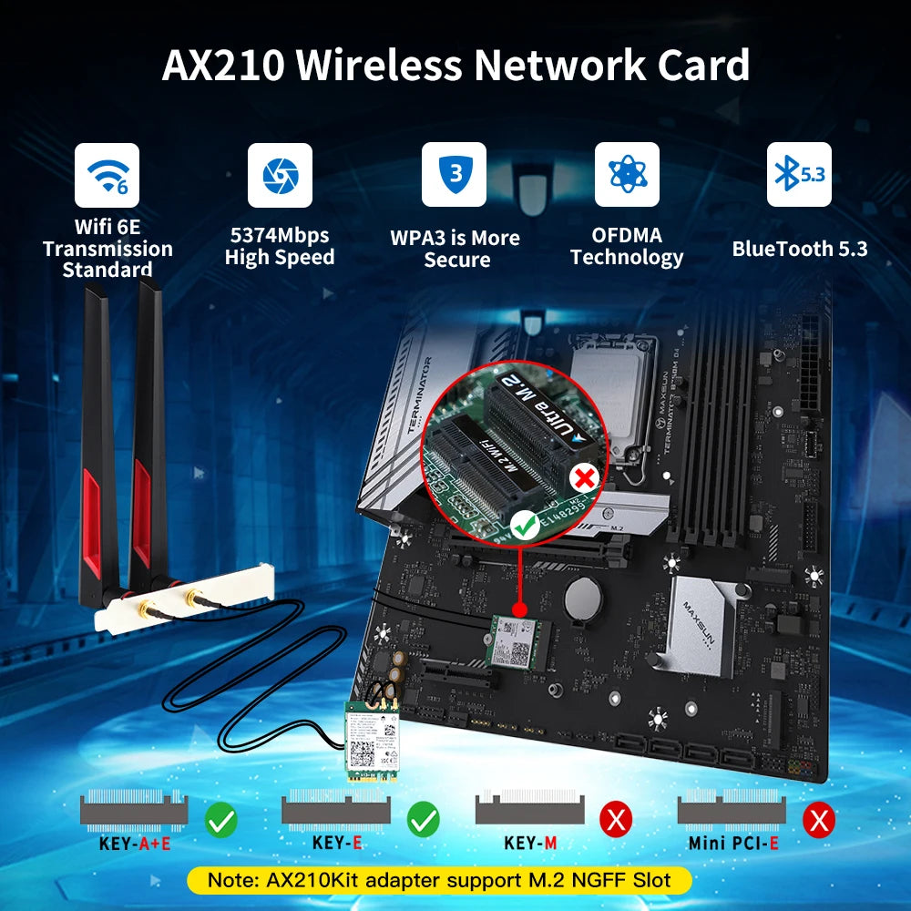 3000Mbps Wi-Fi 6E AX210 Desktop Wireless Card Bluetooth 5.3 802.11ac/ax Tri Band M.2 WiFi Adapter With 10dbi Antennas For Win 10