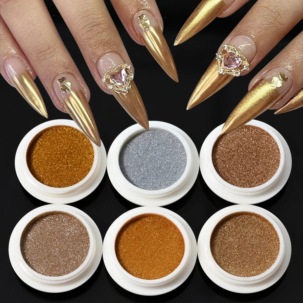 6Pcs/Set Magic Mirror Nail Art Powder Net0.5g/Jar Holographic Metallic Chrome Pigment Laser Gold Silver Manicure Rubbing Dust *&