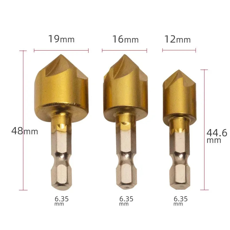 6PCS Hexagon Shank Titanium-Plated Five Flute Chamfering Cutter 1/4'' Hexagon Shank Reaming Chamfer 12mm16mm19mm Punching Tool