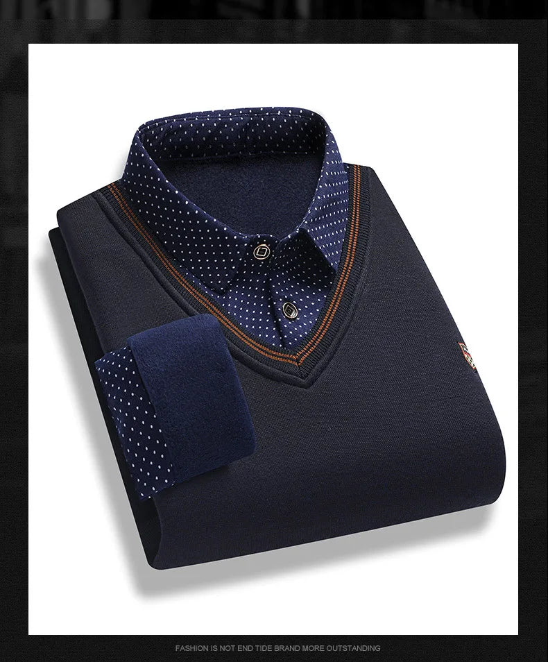 Men's Plush Sweater Autumn Winter Fake Two Piece Pullover Polo Shirt Collar Fleece Thick Warm Top Clothes Casual Jumpers