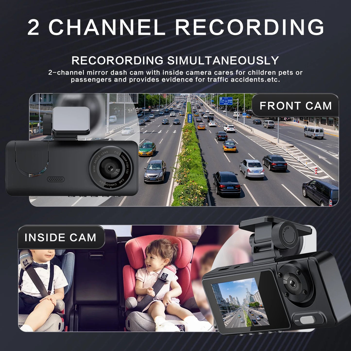 New Car 2-recorder High-definition Night Vision 1080P Car Driving Recorder Suction Cup 2-lens Car Front and inside Video