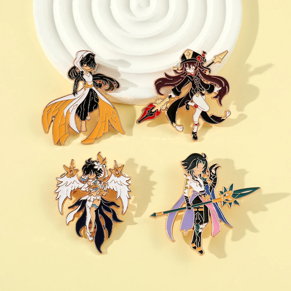 4 Pcs Genshin Impact Series Brooch Creative Walnut Mandrilla Enamel Pin Metal Paint Badge Backpack Clothing Accessories Wallet