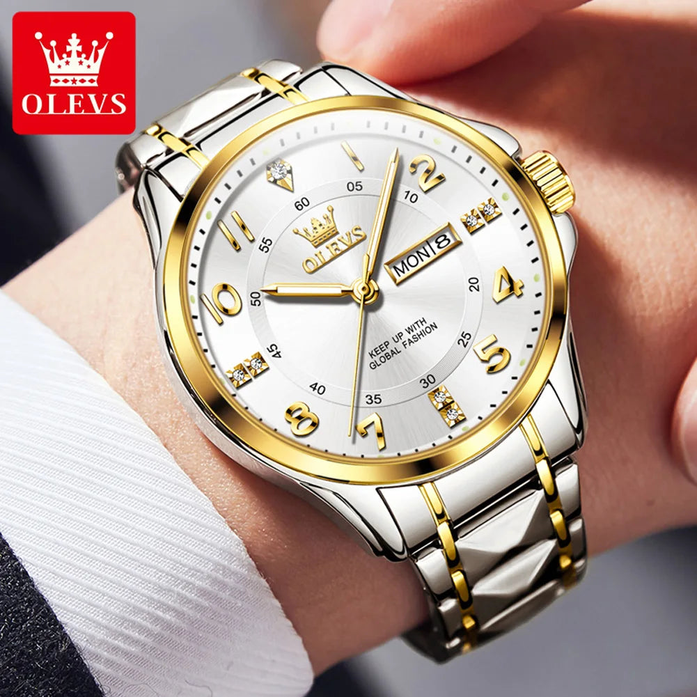 OLEVS 2910 Luxury Men Women Couple Watch Dual Calendar Display Waterproof Stainless Steel Clock Gold Diamond Couple Quartz Watch