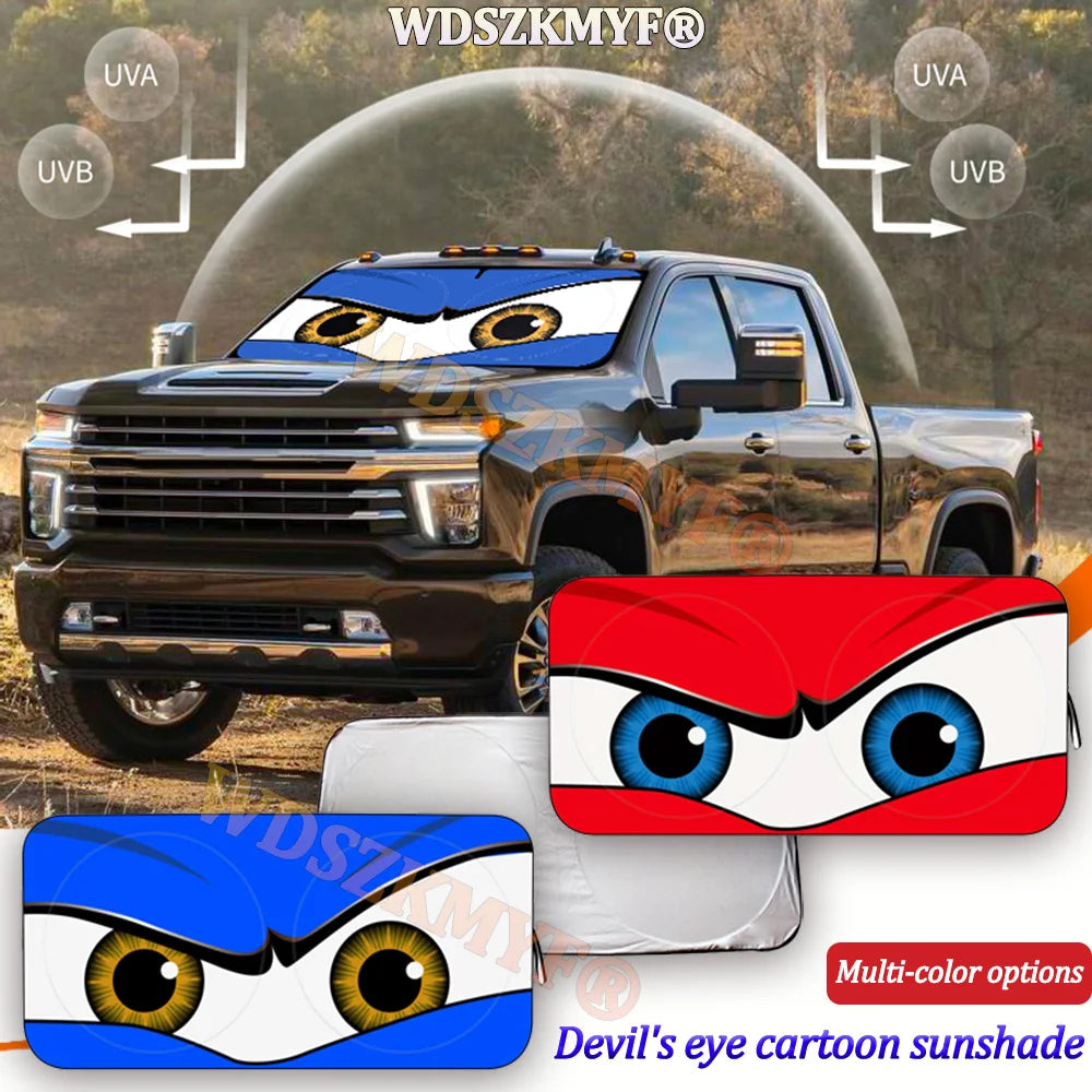 Car Cartoon Devil's Eye Foldable 59'x27.5' Car Windshield Sun Shade, Funny Car Eyes Sun Visor Wear-ResistantFoldable Reflective