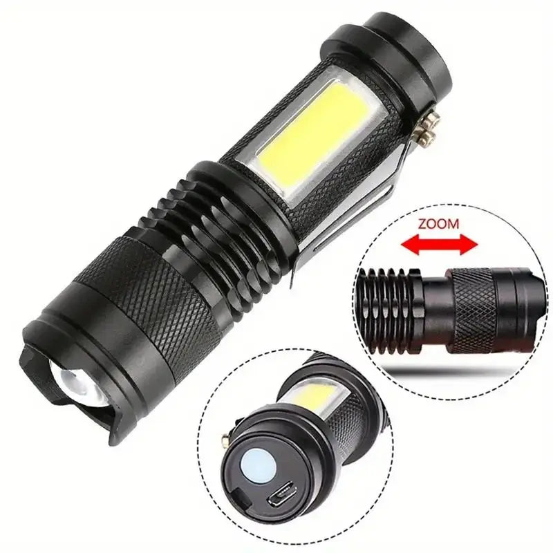 High Power LED Flashlight Rechargeable Zoom Strong Camping Outdoor Torch Aluminium Alloy With Battery COB Side Lights 3 Modes