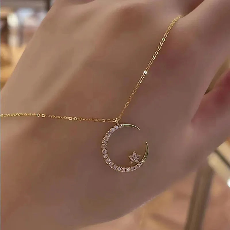 Fashion Zircon Moon Star Pendant Luxury Charm Gorgeous Necklace Women's Versatile Jewelry