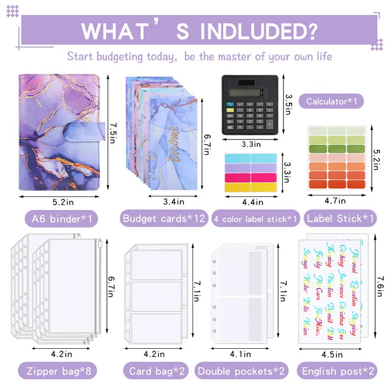 A6 Marble with Calculator Money Budget Planner Binder Zipper EnvelopesCash Envelopes For Budgeting Money Organizer Binde
